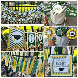 May include: Graduation party decorations in green, gold, and white. The decorations include a banner that says "Congrats Cassidy", a banner that says "Class of 2017", a banner that says "Congrats Cassidy", a banner that says "CA", a banner that says "Congrats Cassidy", and a sign that says "Welcome to Cassidy's Graduation Celebration".