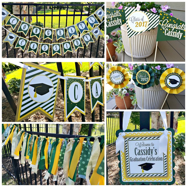 May include: Graduation party decorations in green, gold, and white. The decorations include a banner that says "Congrats Cassidy", a banner that says "Class of 2017", a banner that says "Congrats Cassidy", a banner that says "CA", a banner that says "Congrats Cassidy", and a sign that says "Welcome to Cassidy's Graduation Celebration".