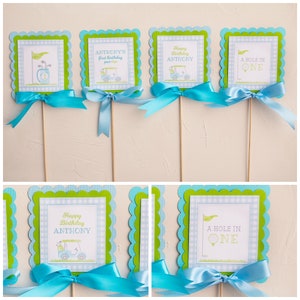 Golf Birthday Decorations, Golf Centerpiece, Golf Table Decor, A Hole In ONE, Golf Par-Tee, Blue Gingham