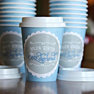 HOT COCOA CUPS, Boy Winter ONEderland, Winter Wonderland, 1st Birthday Party, Hot Chocolate Cups, Hot Chocolate Bar, Blue and Gray