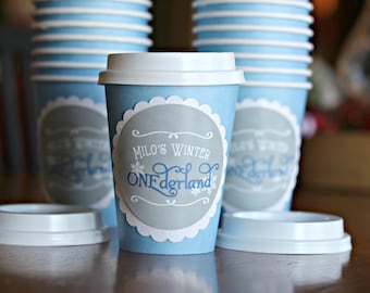 HOT COCOA CUPS, Boy Winter ONEderland, Winter Wonderland, 1st Birthday Party, Hot Chocolate Cups, Hot Chocolate Bar, Blue and Gray