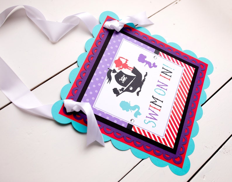 Twin Birthday Theme Door Hanger Swim On In Boy and Girl Birthday Pirates and Mermaids Welcome Sign