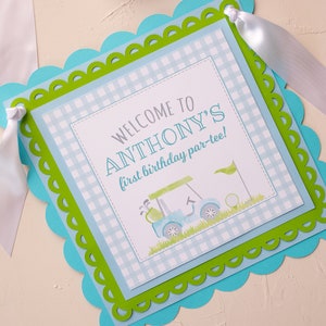 Golf Birthday Welcome Sign, Door Sign, A Hole In ONE Party Decorations, Golf Par-Tee, Blue Gingham, Preppy Boy Birthday