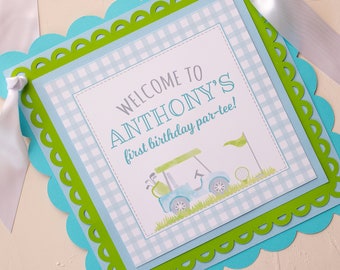 Golf Birthday Welcome Sign, Door Sign, A Hole In ONE Party Decorations, Golf Par-Tee, Blue Gingham, Preppy Boy Birthday