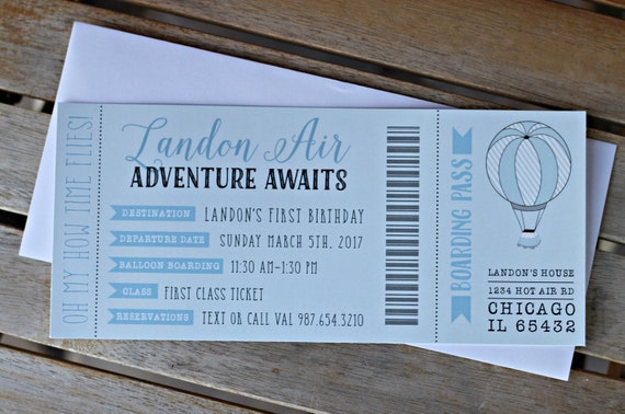 HOT AIR BALLOON Birthday Party Invitations, Printed Birthday Invitations, Up Up and Away, boy 1st Birthday, Adventure Awaits, Blue and Gray Il_570xn