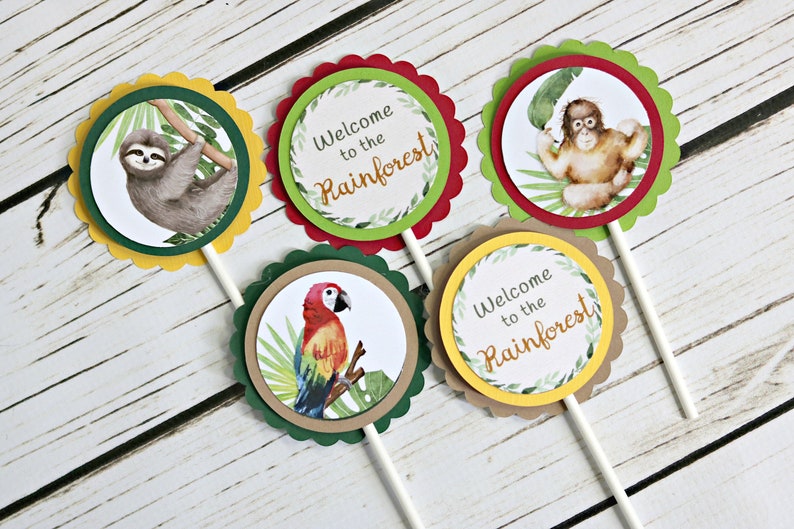 RAINFOREST BIRTHDAY PARTY Cupcake Toppers Rain Forest Jungle Safari Sloth Macaw image 1