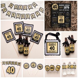 May include: A set of 40th birthday party decorations in black, gold and grey. The decorations include a banner, cupcake toppers, bottle labels, a welcome sign and water bottle labels. The decorations feature the text "Cheers to 40 Years" and "Aged 40 One of a Kind Vintage".