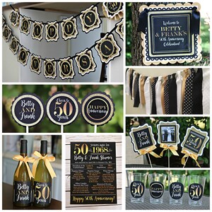 May include: Black and gold 50th anniversary party decorations. The decorations include a banner, welcome sign, cupcake toppers, wine bottle labels, and table decorations. The text on the decorations says "Cheers to 50 Years", "Happy Anniversary", and "Welcome to Betty & Frank's 50th Anniversary Celebration!"