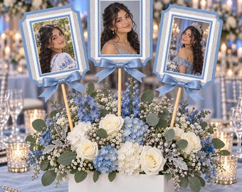 Personalized Blue Quinceañera Photo Centerpiece, Silver Sweet 15 Table Decor
