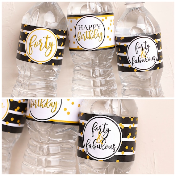 40th Birthday Party Water Bottle Labels, Waterproof Self Stick Labels, 40 and Fabulous, Black and Gold, Printed or Printable Il_570xn
