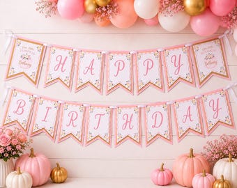 Little Pumpkin Happy Birthday Banner | Pink First Birthday Party Decor