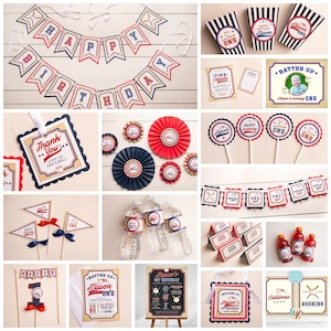 May include: Baseball-themed party decorations in red, white, and blue. Includes a banner, cupcake toppers, water bottle labels, and a sign that says "Batter Up! Mason's 1st Birthday".