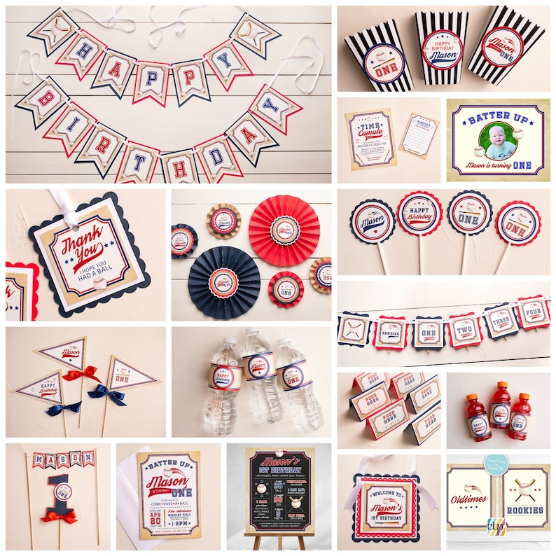 May include: Baseball-themed party decorations in red, white, and blue. Includes a banner, cupcake toppers, water bottle labels, and a sign that says "Batter Up! Mason's 1st Birthday".