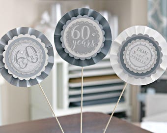 DIAMOND JUBILEE Centerpiece, Table Centerpiece, Floral Picks, 60th Wedding Anniversary Decorations, Silver and White