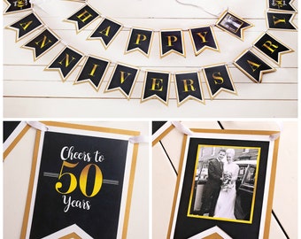 GOLDEN ANNIVERSARY 50th Anniversary Party Decorations Anniversary Banner 50th Wedding Anniversary Golden Years Black and Gold