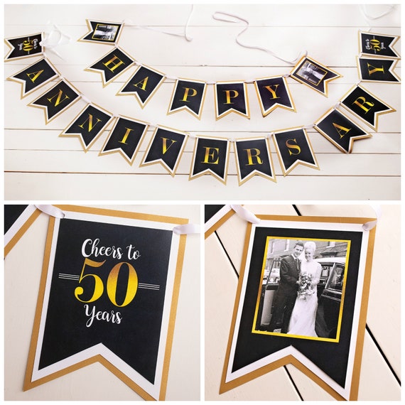 Happy 50th Anniversary Sign Banner Gold Anniversary Party Supplies Decoration 