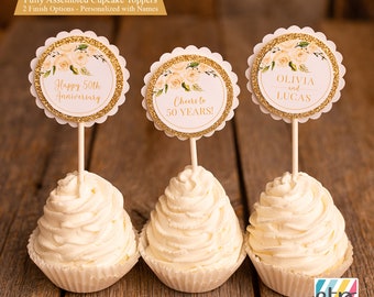 Adornos para cupcakes de aniversario de oro, decoraciones para fiesta de 50 aniversario de bodas, florales,