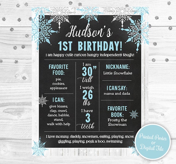 Winter ONEderland Chalkboard, Boy Winter Birthday First Year Stats, Boy Milestone Sign, Blue Snowflakes, Printed or Digital File Il_570xn