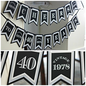 40TH BIRTHDAY PARTY Banner, Happy Birthday, 40th Party Banner, Vintage Birthday, Cheers to 40 Years, Adult Party, Black and Silver