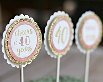 ROSE GOLD Women's Birthday Cupcake Toppers Female Milestone Birthday 40th Party Decorations Gold Glitter 40th Party Decor Cheers to 40 Years