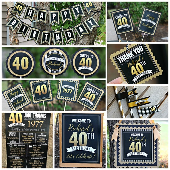 40TH BIRTHDAY PARTY Decorations, 40th Party Banner, 40th Party Supplies, Vintage Birthday, Cheers to 40 Years, Adult Party, Black and Gold Il_570xn