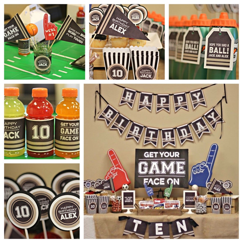 Puede incluir: Un conjunto de decoraci&oacute;n de fiesta de cumplea&ntilde;os con tem&aacute;tica deportiva con una pancarta que dice "Feliz cumplea&ntilde;os", un cartel que dice "Get Your Game Face On" y varias otras decoraciones con el n&uacute;mero 10 y el nombre "Alex".
