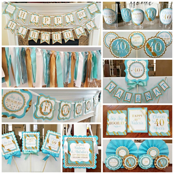 40th Birthday Decorations, Party In A Box, Milestone Birthday Decor, Ladies Birthday Party Decor, Aqua and Gold Il_570xn