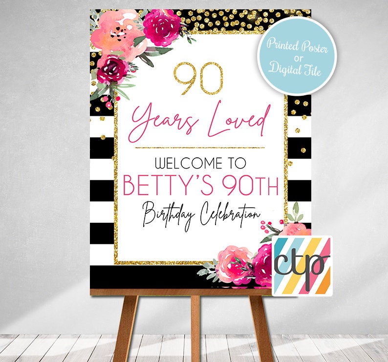 May include: A black and white striped background with gold glitter accents. The text "90 Years Loved" is in pink and gold lettering. The text "Welcome to Betty's 90th Birthday Celebration" is in black lettering. The image features pink and white flowers.