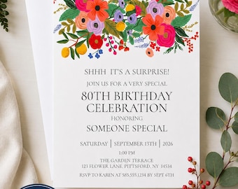 Surprise 80th Birthday Invitation, Floral Birthday Invite, Printed Invitations