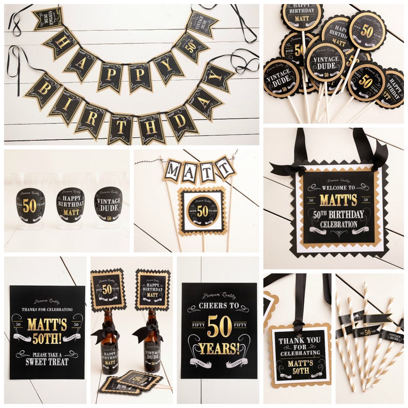 May include: Black and gold 50th birthday party decorations. The set includes a banner, cupcake toppers, welcome sign, favor tags, straws, and beverage labels. The decorations feature a vintage design with gold script and black and white accents.