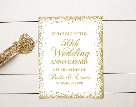 Golden Anniversary, Welcome Poster, 50th Anniversary Welcome Sign, Anniversary Poster, Gold Glitter, Printed or Digital File Il_570xn