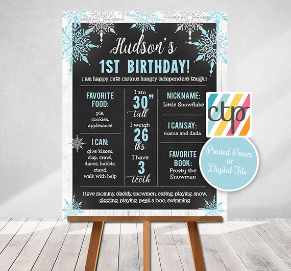 Winter ONEderland Chalkboard, Boy Winter Birthday First Year Stats, Boy Milestone Sign, Blue Snowflakes, Printed or Digital File Il_570xn
