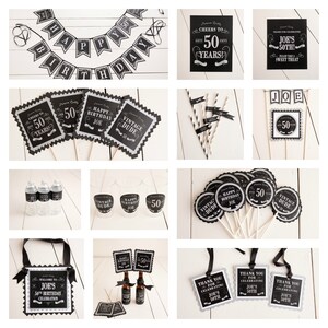 May include: Black and white printable party decorations for a 50th birthday celebration. The set includes a banner, cupcake toppers, water bottle labels, favor tags, and more. The decorations feature a vintage chalkboard style with the text "Happy Birthday Joe" and "Vintage Dude".