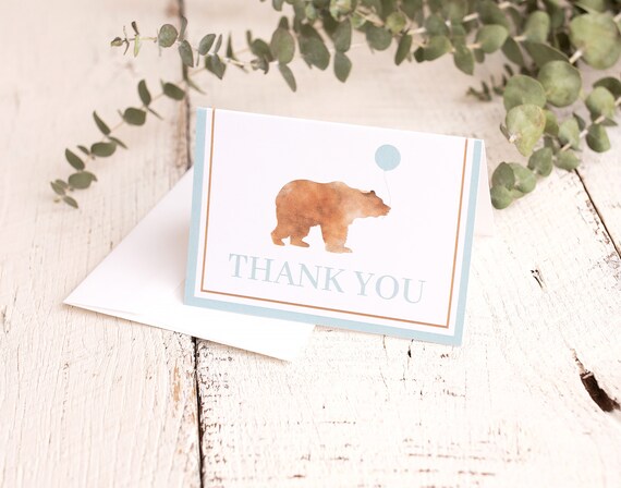 Bear Thank You Cards, Folded Thank You Notes with Envelope, Thank Yous, Digital File or Printed Il_570xn
