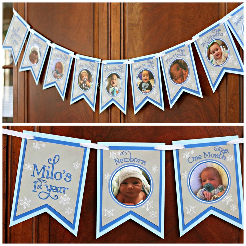 May include: A blue and white baby milestone banner with photos of a baby boy at different ages. The banner includes the text "Milo's 1st year", "Newborn", "One Month", "Two Months", "Three Months", "Four Months", "Five Months", and "Six Months".