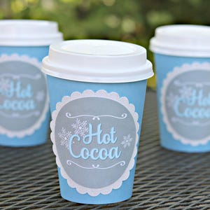 HOT COCOA CUPS, Boy Winter ONEderland, Winter Wonderland, 1st Birthday Party, Hot Chocolate Cups, Hot Chocolate Bar, Blue and Gray