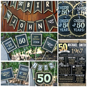 May include: A 50th birthday party decoration set with black and gold accents. The set includes a banner with the name "JOHN", a sign with the text "Happy Birthday John", and several other signs with the number 50 and the text "Cheers to 50 Years".