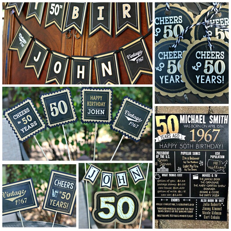 May include: A 50th birthday party decoration set with black and gold accents. The set includes a banner with the name "JOHN", a sign with the text "Happy Birthday John", and several other signs with the number 50 and the text "Cheers to 50 Years".