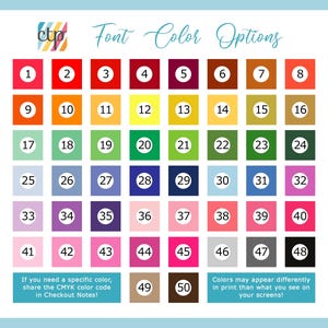 May include: A colour chart featuring 50 numbered colour swatches arranged in a grid. The chart displays a range of colours, including reds, oranges, greens, blues, and purples. Text at the top reads "Font Colour Options." Additional text provides instructions.