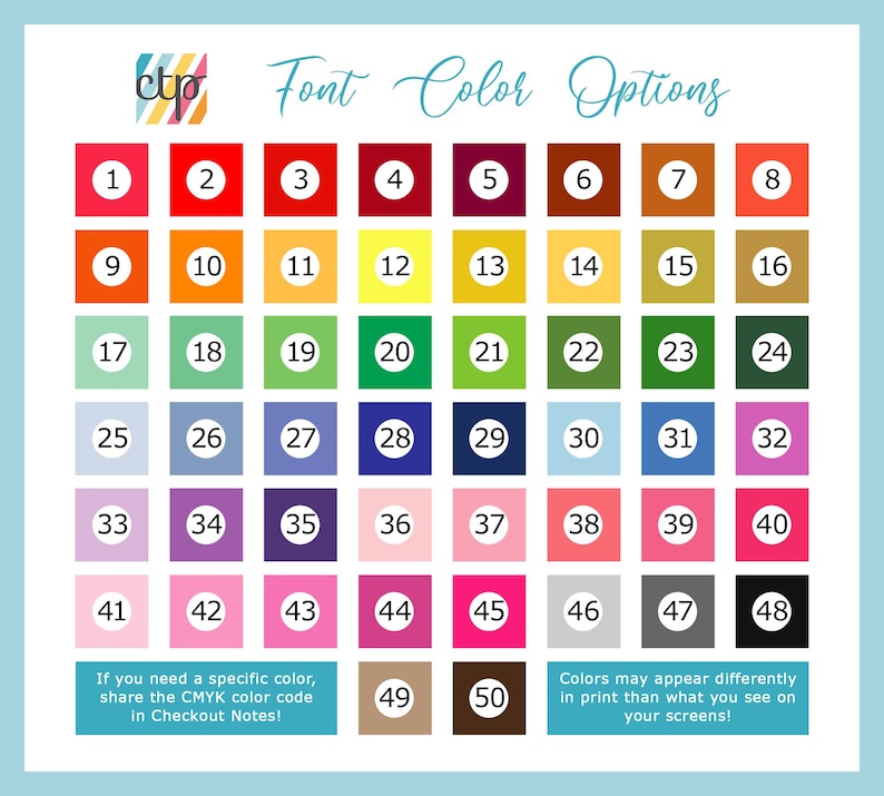 May include: A colour chart featuring 50 numbered colour swatches arranged in a grid. The chart displays a range of colours, including reds, oranges, greens, blues, and purples. Text at the top reads "Font Colour Options." Additional text provides instructions.