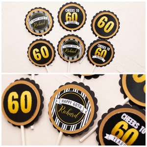 May include: Black and gold cupcake toppers with the number 60 and the text "Happy 60th Richard" and "Cheers to 60 Years".