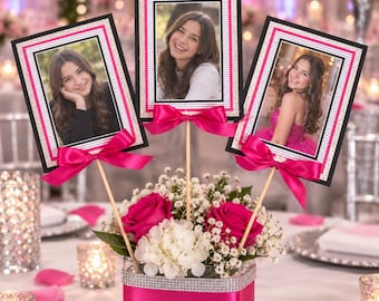 Bat Mitzvah Photo Centerpiece, Personalized Girl Party Table Decoration, Pink Silver Black
