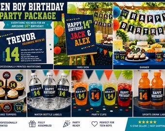 Teen Boy Birthday Party Package | Personalized 14th Birthday Decorations | Invitation, Banner, Cupcake Toppers, Favor Tags & Drink Labels