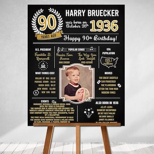PRINTED 90th birthday poster, Back in 1936, What Happened in 1936, 90th Birthday Decorations, Black and Gold, 90th Party Decor, Vintage 1936