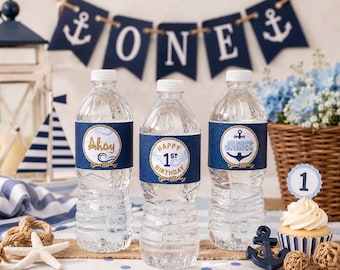 Nautical Water Bottle Labels, Ahoy 1st Birthday Decorations, Professionally Printed!