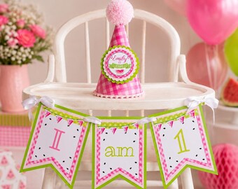 Watermelon First Birthday High Chair Banner and Party Hat, One in a Melon Decor