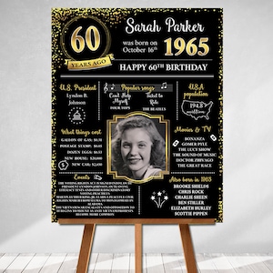 PRINTED 60th birthday poster, Back in 1965, What Happened in 1965, 60th Birthday Decorations, Black and Gold, 60th Party Decor, Vintage 1965