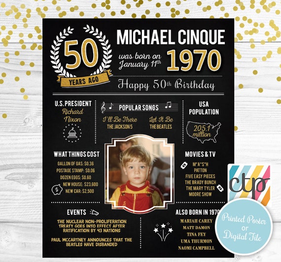 PRINTED 50th birthday poster, Back in 1970, What Happened in 1970, 50th Birthday Decorations, Black and Gold, 50th Party Decor, Vintage 1970 Il_570xn
