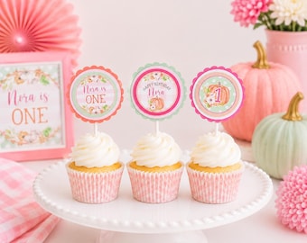 Little Pumpkin Cupcake Toppers, Personalized Pink Fall Party Picks, First Birthday Decor