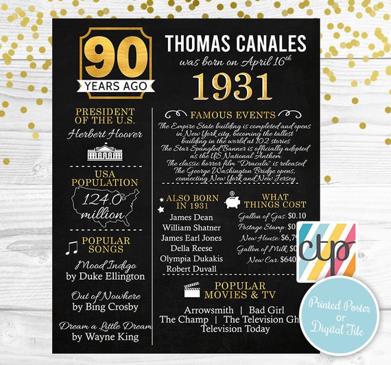 PRINTED 90th birthday poster, Back in 1931, What Happened in 1931, 90th Birthday Decorations, Black and Gold, 90th Party Decor, Vintage 1931 Il_570xn